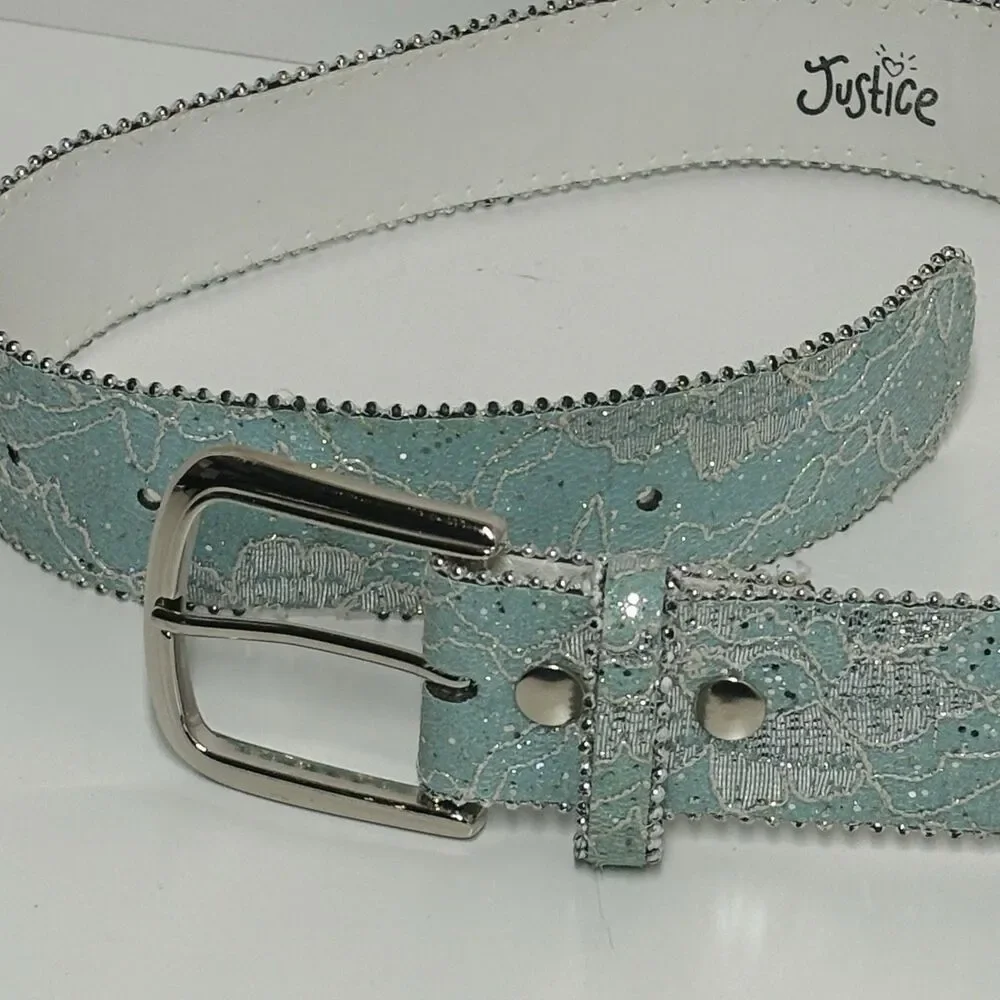 Vtg Y2K Justice Belt Girls Mint Green Silver Buckle Lace Western Dolly Parton
